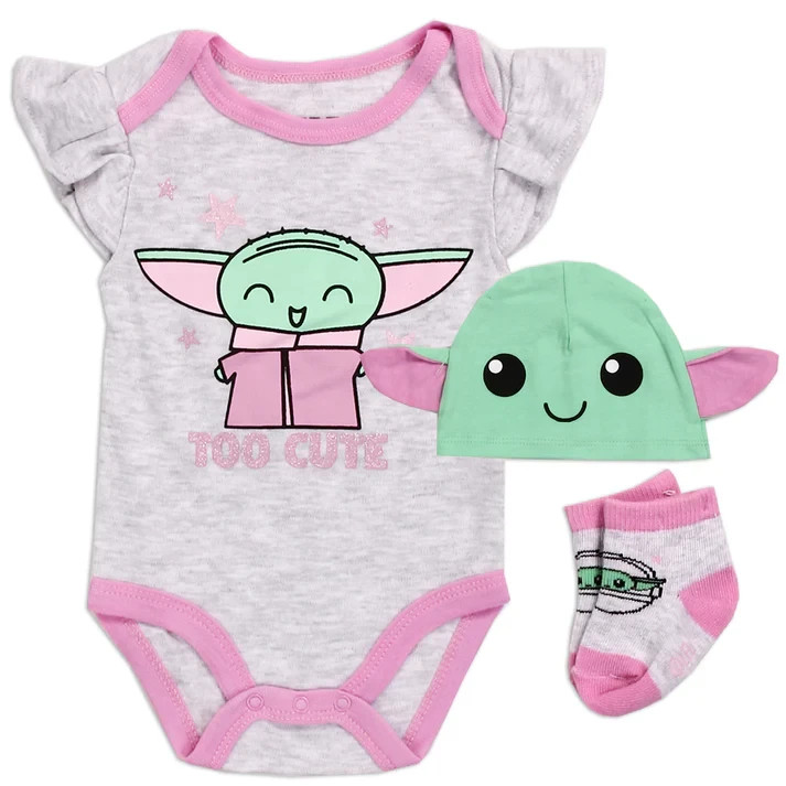 Star Wars Baby Yoda Infant Outfit Set – Bodysuit, Hat & Socks “Too Cute”