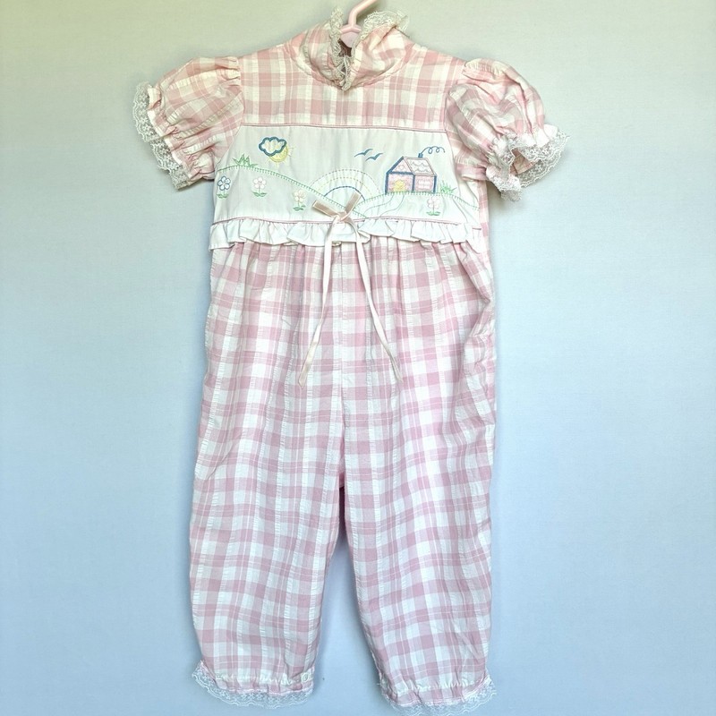 Vtg Baby Girls Romper 12M Petit Ami Pink Plaid Lace Embroidered Heirloom Cottage gallery