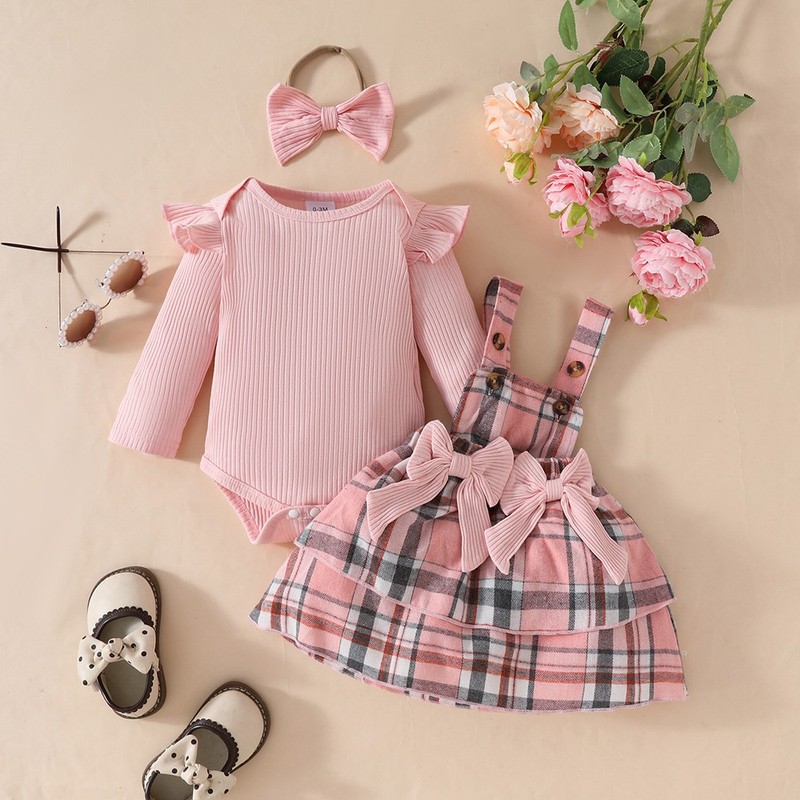 Newborn Baby Girl Solid Romper Top Slip Check Skirt Headband Set Clothes Outfit