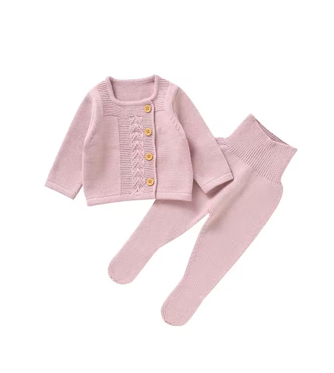 Baby Clothes Plain Pink Knit Infant Sweater+Trousers Leggings Outfit Newborn