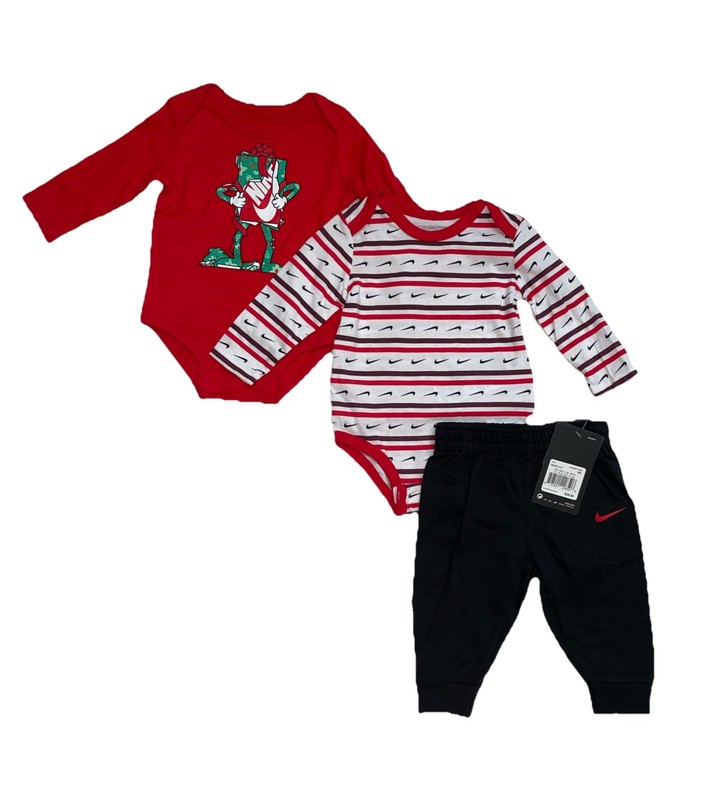 Nike Baby Boy Jogger Set, 2 Bodysuits & Black Joggers, XMAS EDITION; Newborn-9M