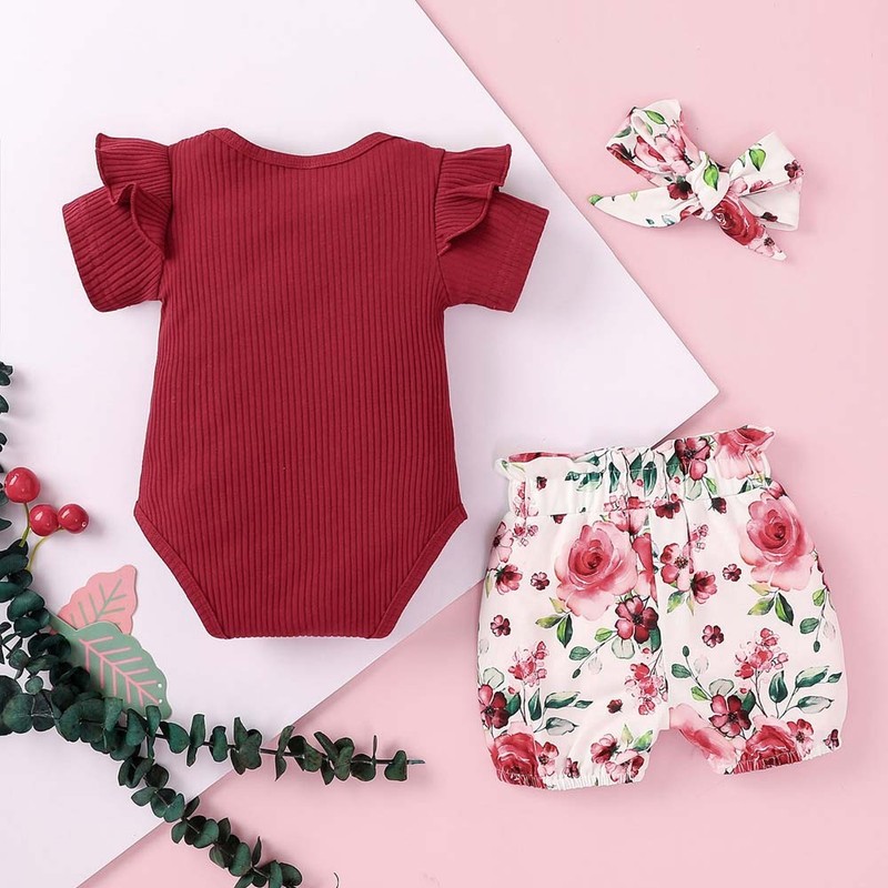 3PCS Newborn Baby Girls Ribbed Romper + Floral Shorts + Headband Outfit New gallery