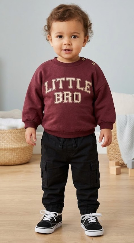 George Baby Boys Sweatshirt Top Little Brother Bro Burgundy Fleece Lined Jumper