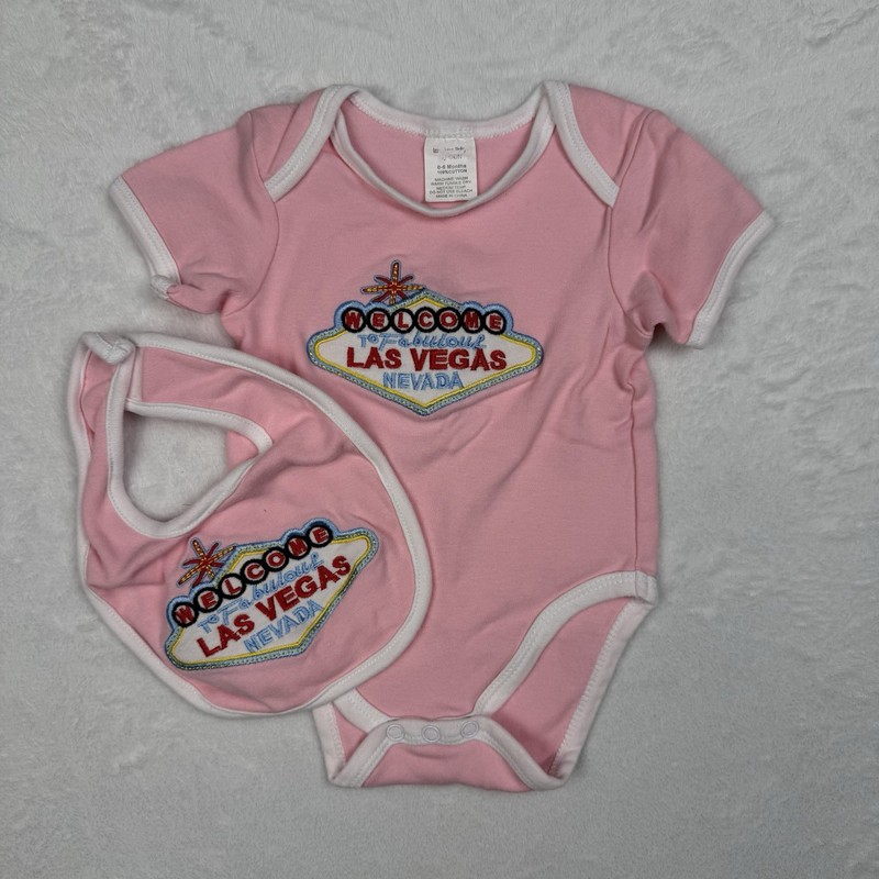 Las Vegas Baby Bodysuit & Bib Set 0 – 6 Mo Pink Cotton Embroidered Logo Sign