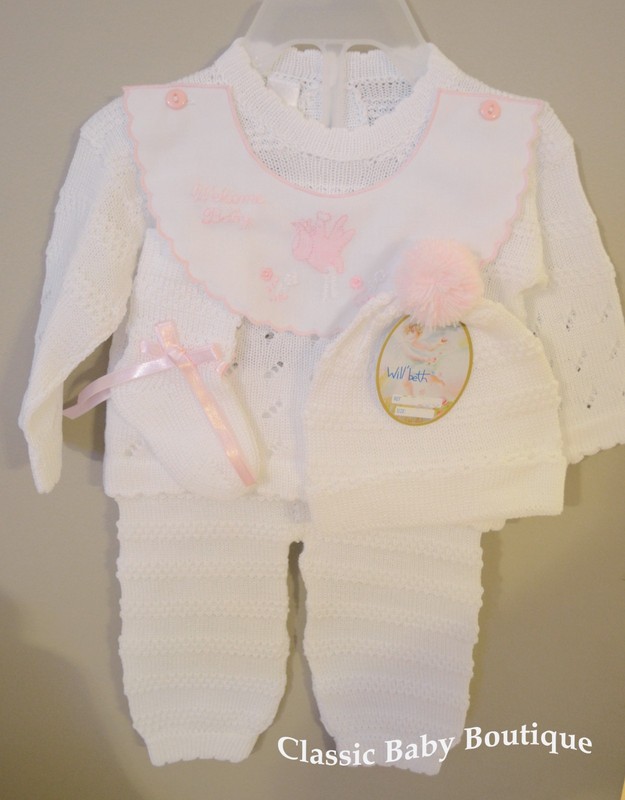 NWT Will’beth White Pink Knit Welcome 4pc Set Preemie Baby Girls Pom Hat Booties