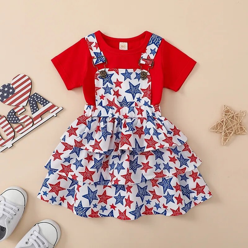 NEW 4th of July Patriotic Stars Ruffle Suspender Skirt Girls Outfit