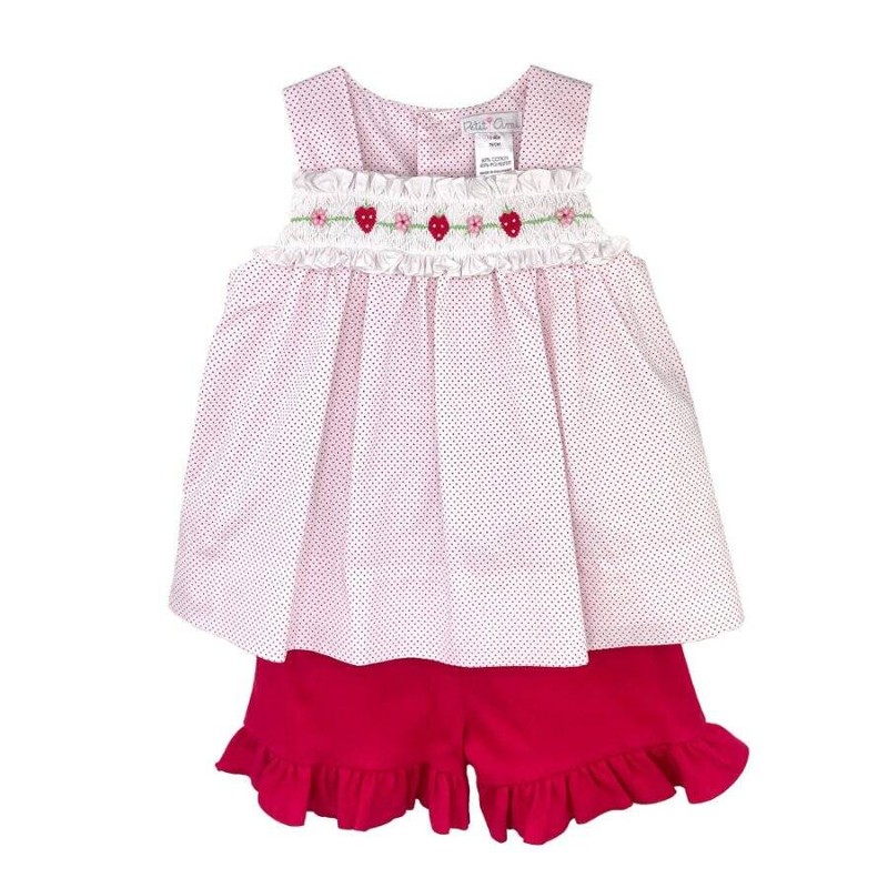 Petit Ami Red Dot Suntop & Shorts Set with Strawberry Smocking 2T 3T 4T