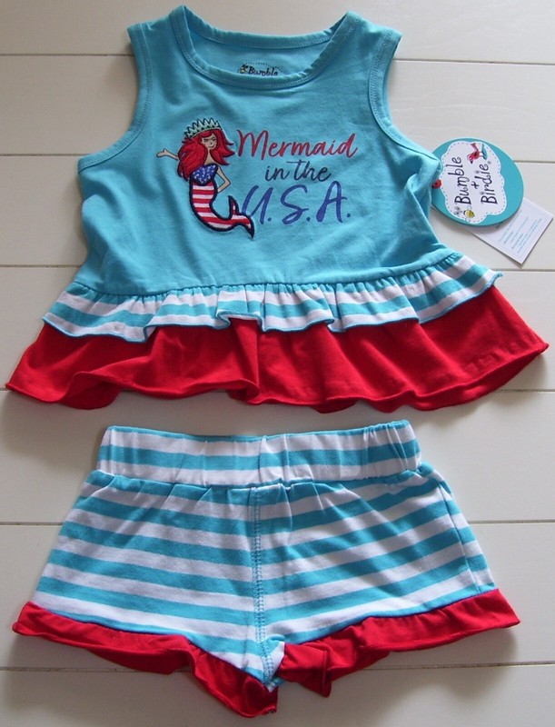 Bumble & Birdie 2 Pc Mermaid in the USA Shirt & Shorts Outfit July 4th Sz 12M