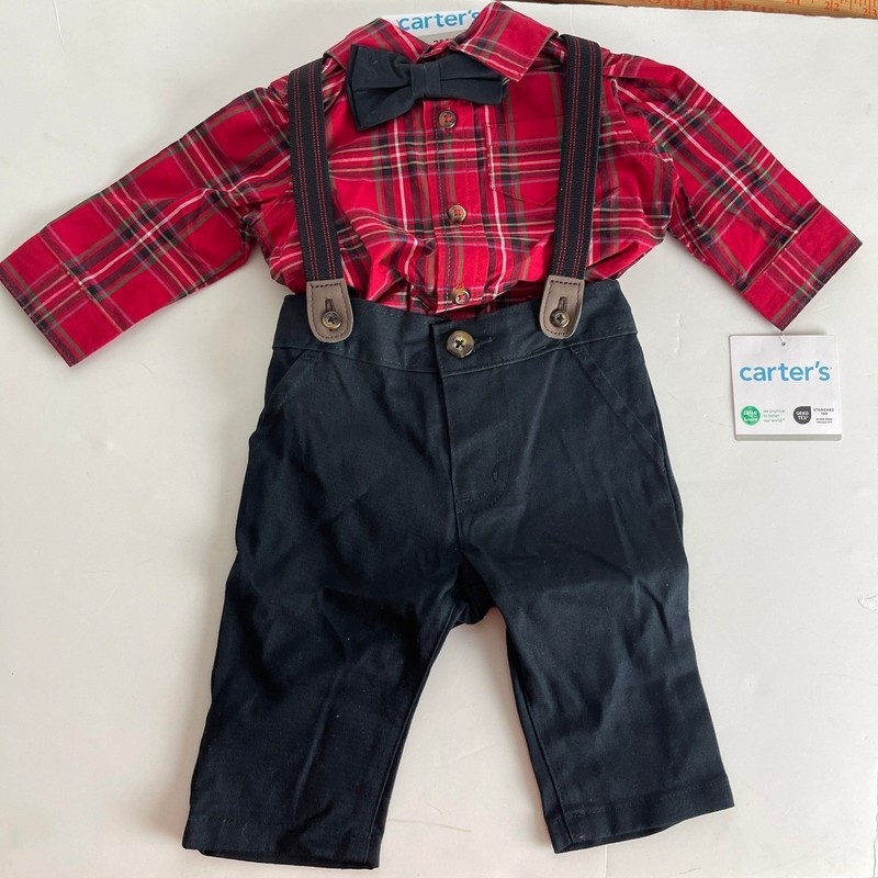 Carters Baby Boys 12M 4-Piece Plaid Shirt Suspenders Pants Bow Tie Set Red Black