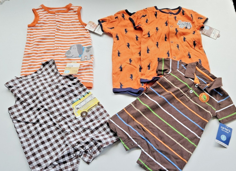 Carter’s Infant Boy’s 6M Lot of 5 Summer 1 Pc Outfits Orange Brown Romper NWT