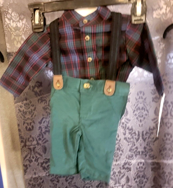 Just One You-Toddler Boy’s 2 piece multi-color shirt green pants w/ suspenders
