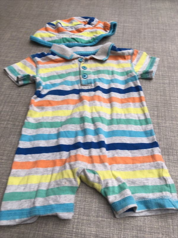 3-6 Months Baby boy babygrow Short T Shirt Summer Holiday Beach Blue Yellow Hat