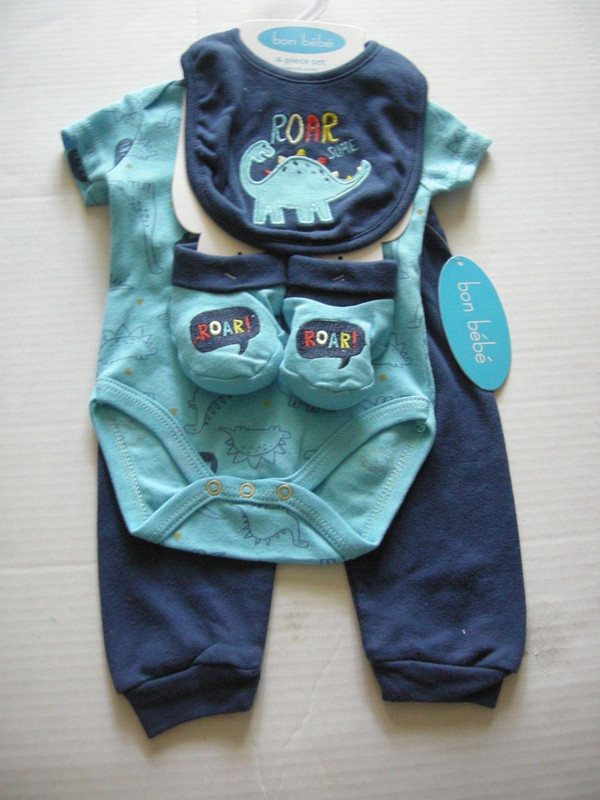 Bon Bebe Boy 4 Piece «Roar» Set (Bodysuit, Pants, Bib, & Booties), 0-3 Mos.