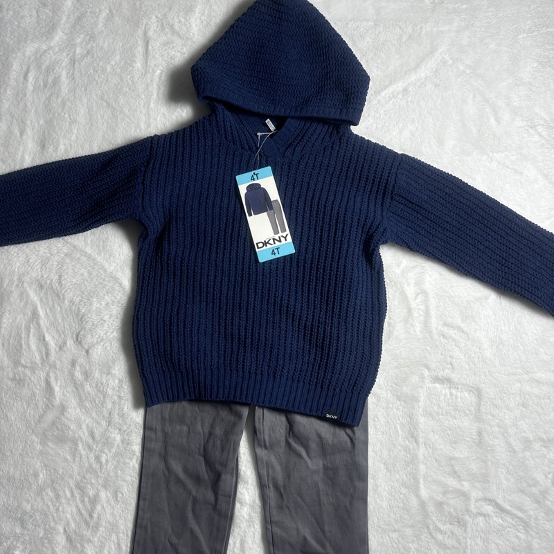 DKNY Boys 2 Piece Hooded Sweater & Pant Set 4T – Blue and Gray