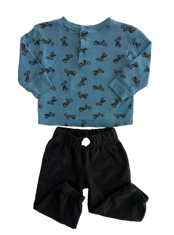 2 Pcs Size:12 Months Teal Thermal L/S Motorcycle Shirt & Black Microfleece Pants