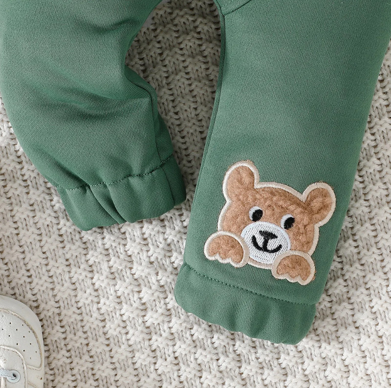 Baby Boy Green Winter Outfit Set Embroidery Letter Cartoon Bear Sweater Top Pant gallery