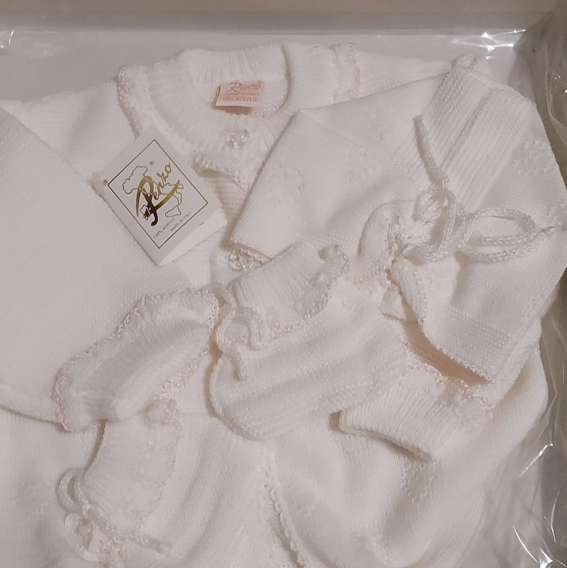 Renzo Baby Layette Set White Knit Sweater Hat Booties Machine Washable 3 Piece gallery