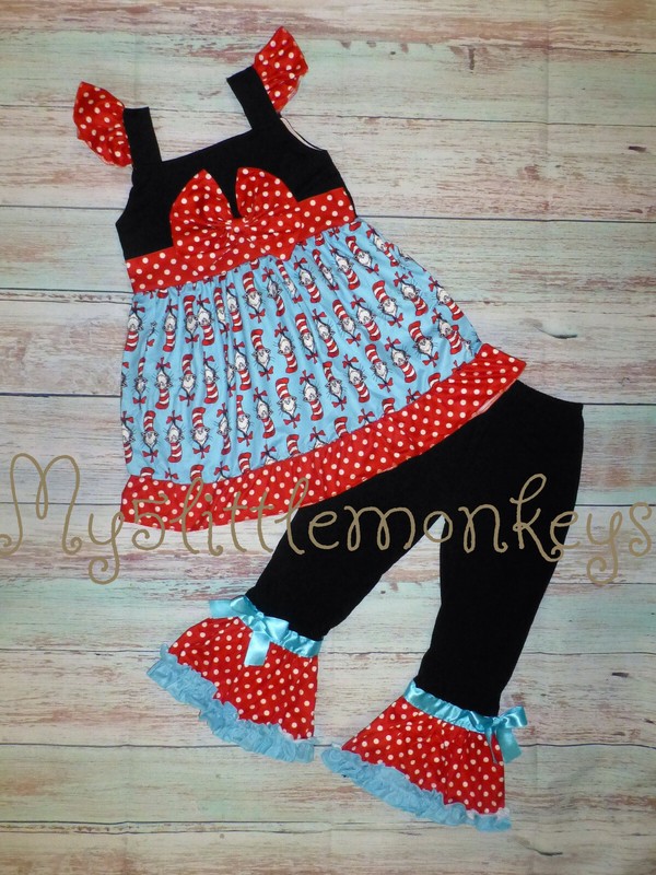 NEW Dr Seuss Cat in the Hat Ruffle Tunic Dress Girls Boutique Outfit Set