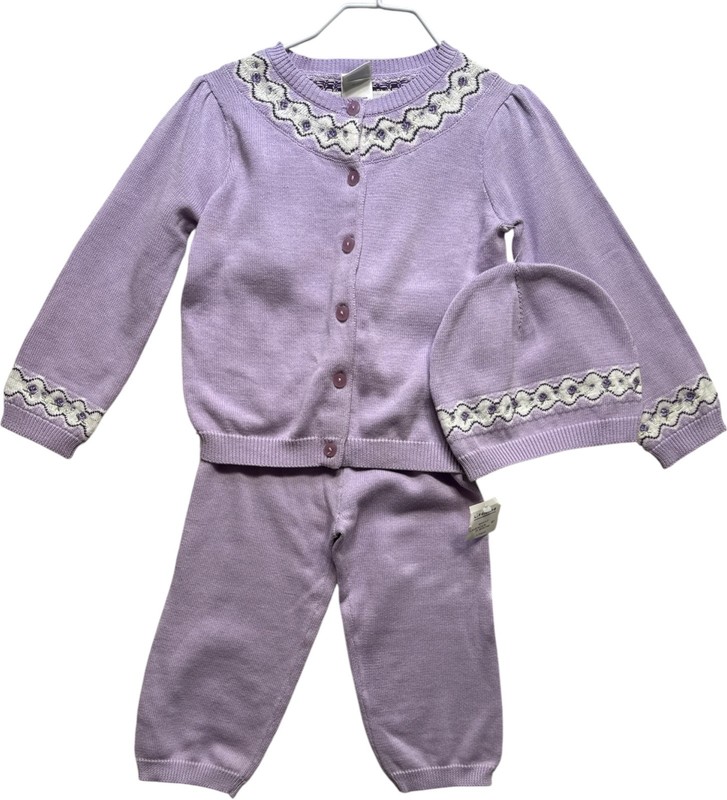 NWT Little Me Embroidered Flower Lavender Cardigan Sweater Pants & Hat Set, 24m