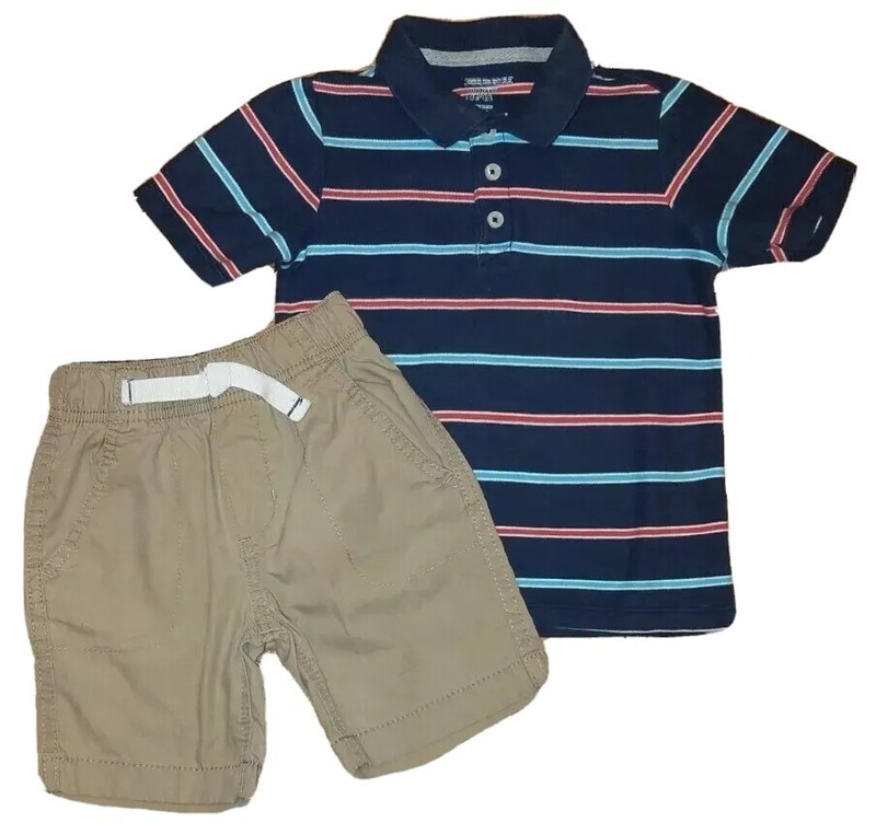 4T Carter’s Elastic Waist Khaki Shorts & Striped Short Sleeve Polo shirt Outfit