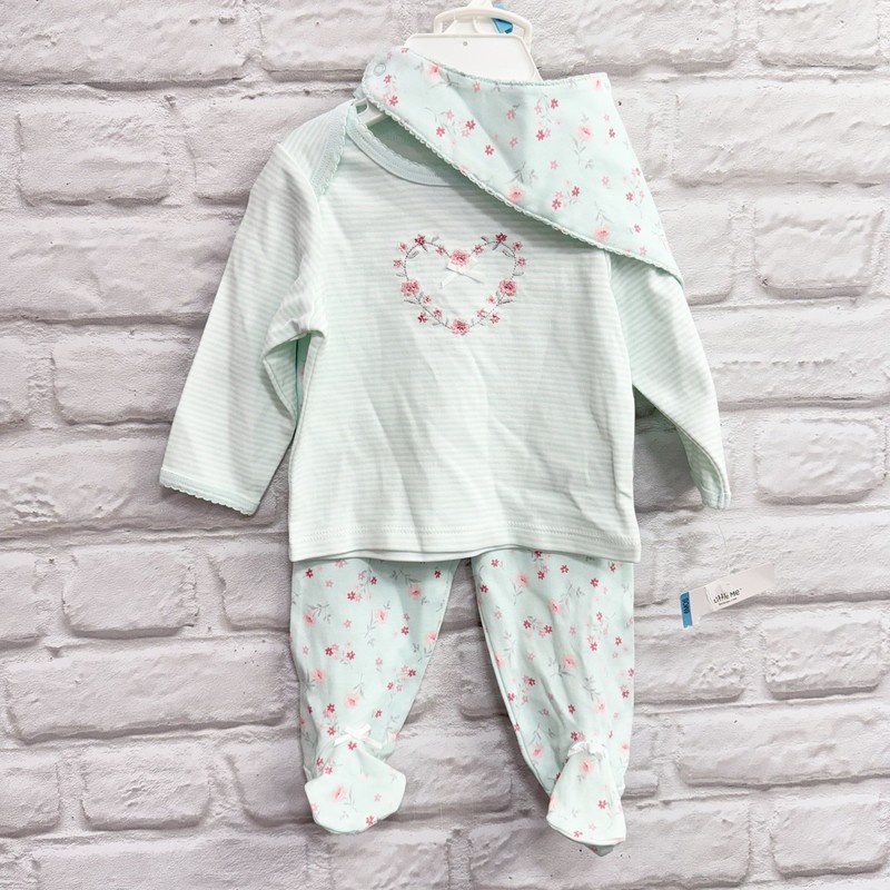 NWT Little Me Baby Girls 6M Mint Green footed Set Pink Flowers & Bib / Bandanna