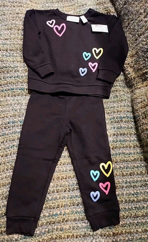New 2T Sweatpants Set Girls Multicolor Bright Hearts Fleece
