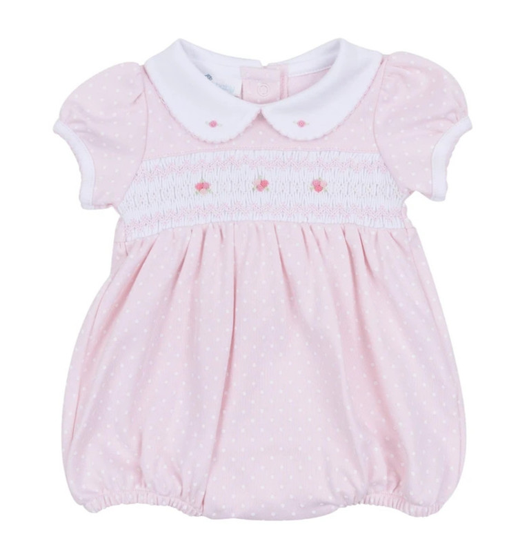 NWT Magnolia Baby Mia’s Pima Cotton Pink Dot Smocked Bubble 9 Months 9M Girls