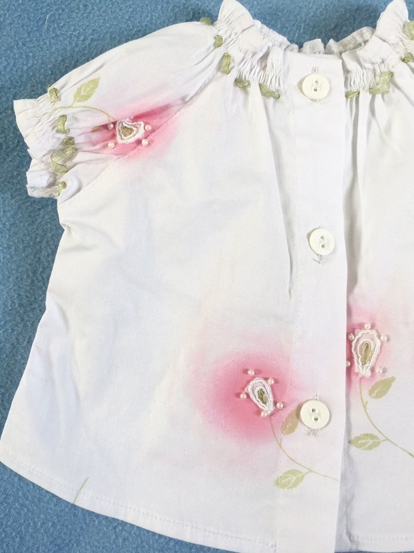 Bebijou France White Shirt Pink Floral Green Ribbon Trim sz 6 mos gallery