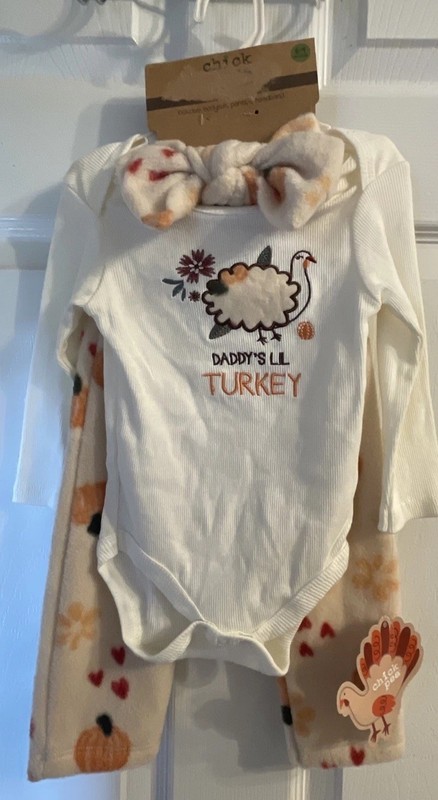 Chick Pea~ 6-9 Months Thanksgiving Baby 3piece Outfit Set Daddy’s Lil Turkey NEW