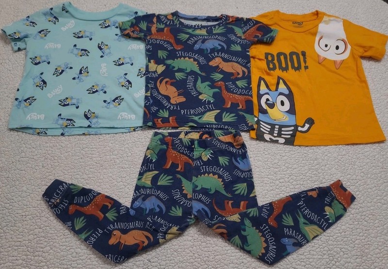 4PC Little Boys Size 3T Short Sleeve Bluey Shirts Dinosaur 2PC Pajama Set Lot