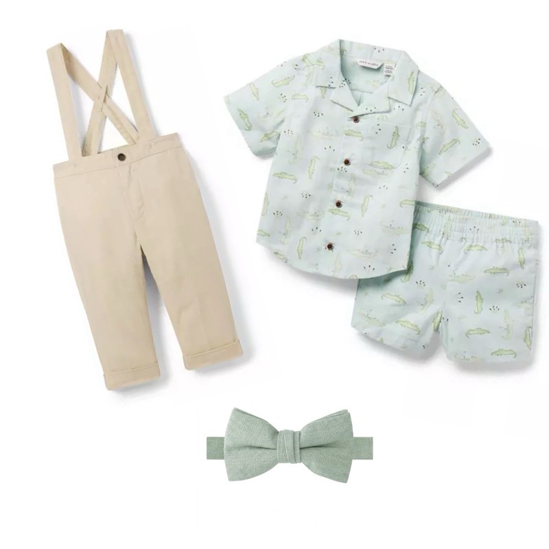 6-12m Janie and Jack Crocodile Print Short Set | Linen Suspender Pants | Bow Tie
