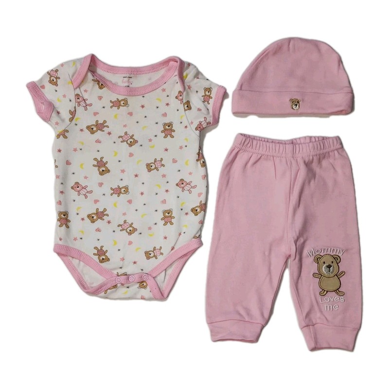 Mon Cheri Baby 0-3M Pink Bear Set Bodysuit Pant Hat 100% Cotton