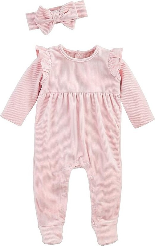 Mud Pie Baby Girl Pink Rib Velour Footed Sleeper & Headband Set Size 6-9 M NEW