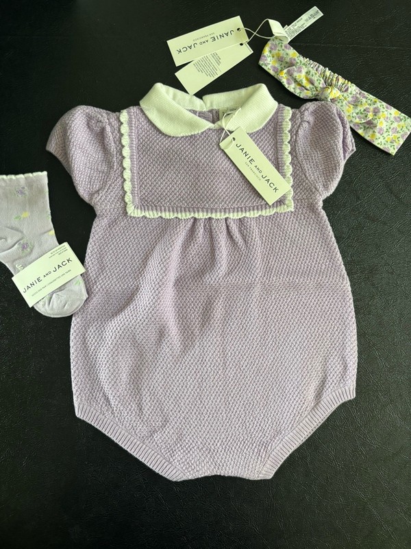 NWT Janie and Jack girl SPRING SUMMER 3-piece lavender romper sock bow SET 18 24