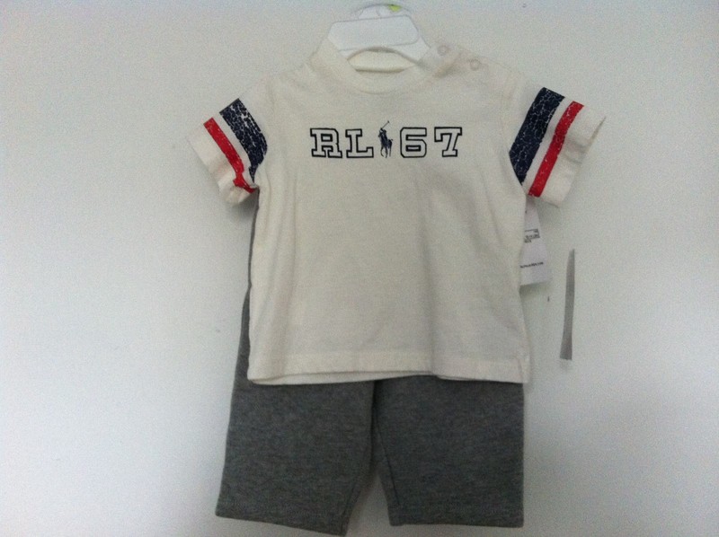 Ralph Lauren 2 pc Off White Shirt and Gray Pants Set Red/Navy Stripes 3M NWT