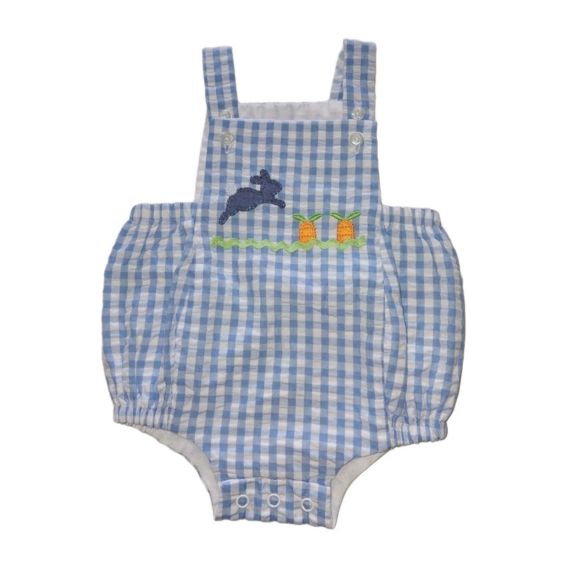 Mud Pie Baby Boy Size 0-3M Bunny Gingham Seersucker Bubble Romper Set Blue