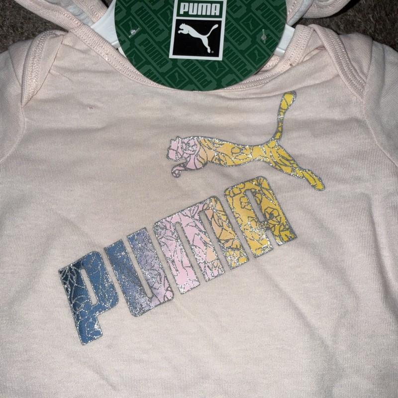 NWT PUMA Pale Pink & Heather Grey 3 Piece Newborn Set 0-3 Footie Bib Hat gallery