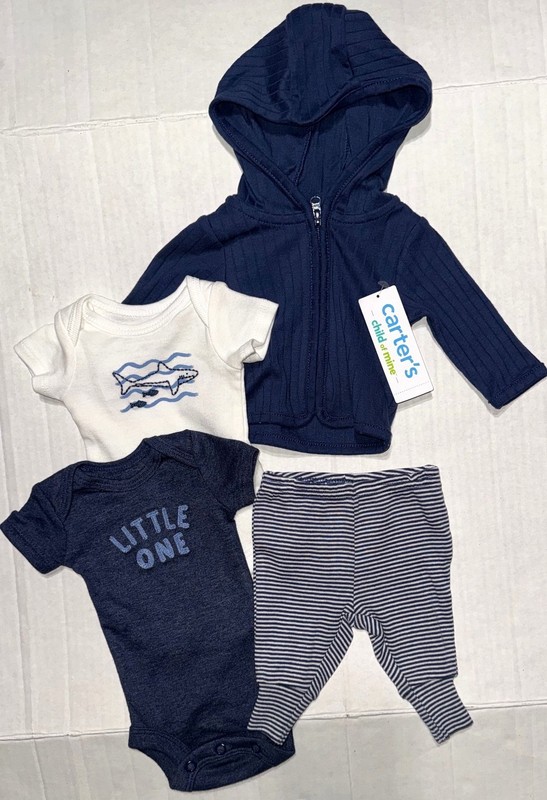 CARTERS Child of Mine 4 piece set blue/white/stripes SHARK motif size PREEMIE
