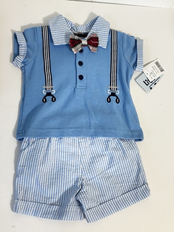 NWT Little Lad 3/6M Boys Blue Polo Bodysuit Seersucker Stripe Shorts Bow Tie Set