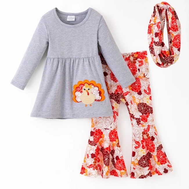 NEW Boutique Thanksgiving Turkey Girls Tunic Floral Bell Bottoms & Scarf Outfit
