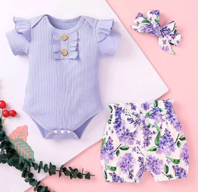 3PCS Newborn Baby Girls Ribbed Romper + Floral Shorts + Headband Outfit New