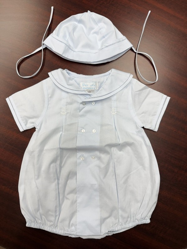 *Petit Ami Baby Boy Light Blue Anchor Pleated Bubble & Hat 9 Months Embroidered*