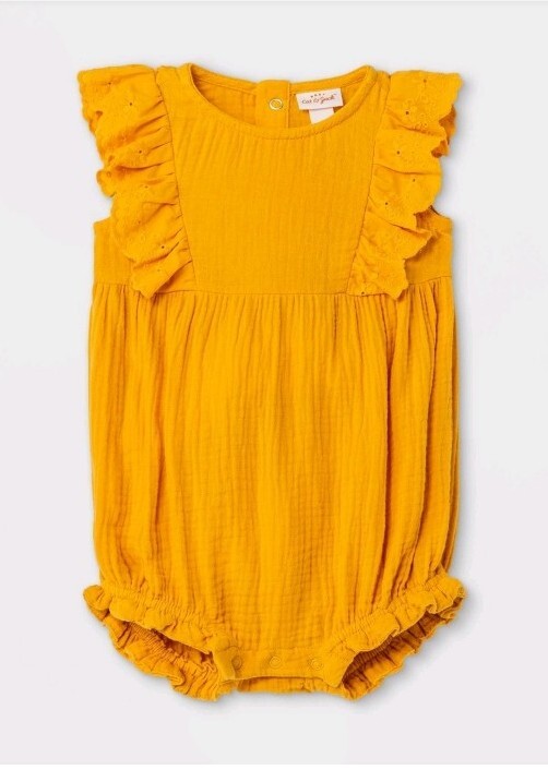 Cat & Jack Bubble Gauze Romper Girls 12 Month Sleeveless Mustard Yellow Ruffle