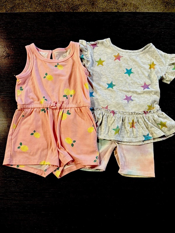 Girls 3T Pink Fruit Romper + Ruffle Top and Tie-Dye Shorts Set