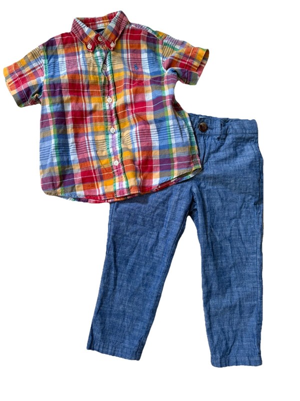 Ralph Lauren Polo Shirt Boys Plaid 24m Hope & Henry Chambray pant 2T 2 pc Set