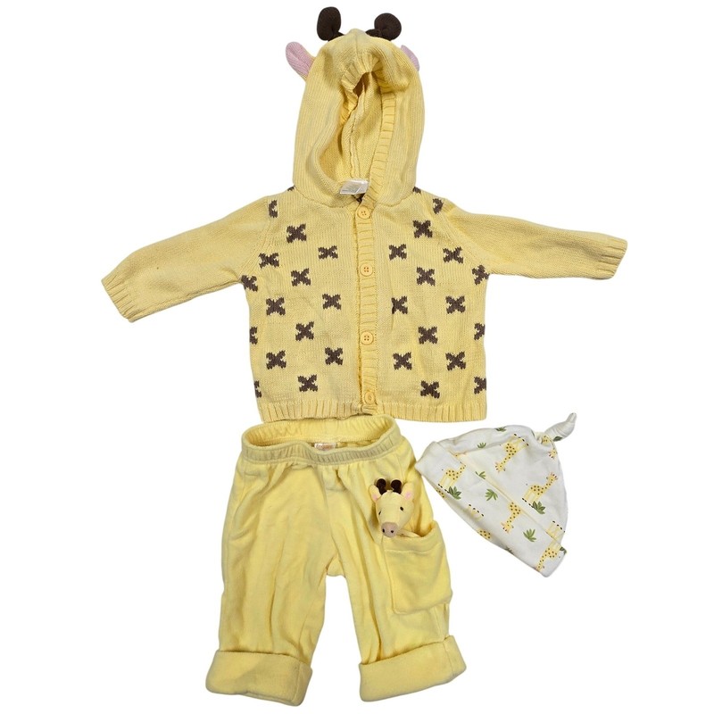 Gymboree In the Jungle Giraffe Set Yellow Sweater Cardigan Fleece Pant Hat 0-3-6