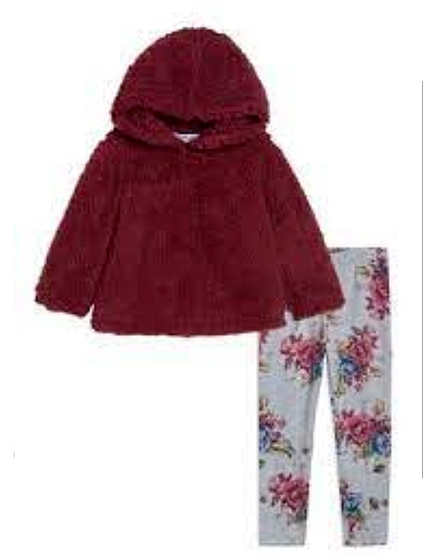 Pippa & Julie High Pile Fleece Hoodie & Floral Print Leggings Set in Berry/Grey