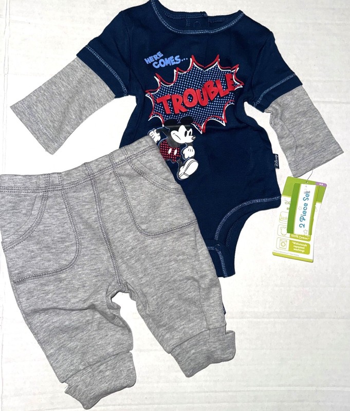 DISNEY BABY 2 piece set navy/gray/red MICKEY MOUSE motif size NEWBORN