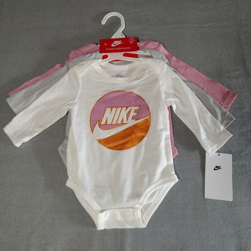 Nike – Baby Girl 3-Piece Long Sleeve Bodysuit Set – Rose/Pink/White/Gray/Copper
