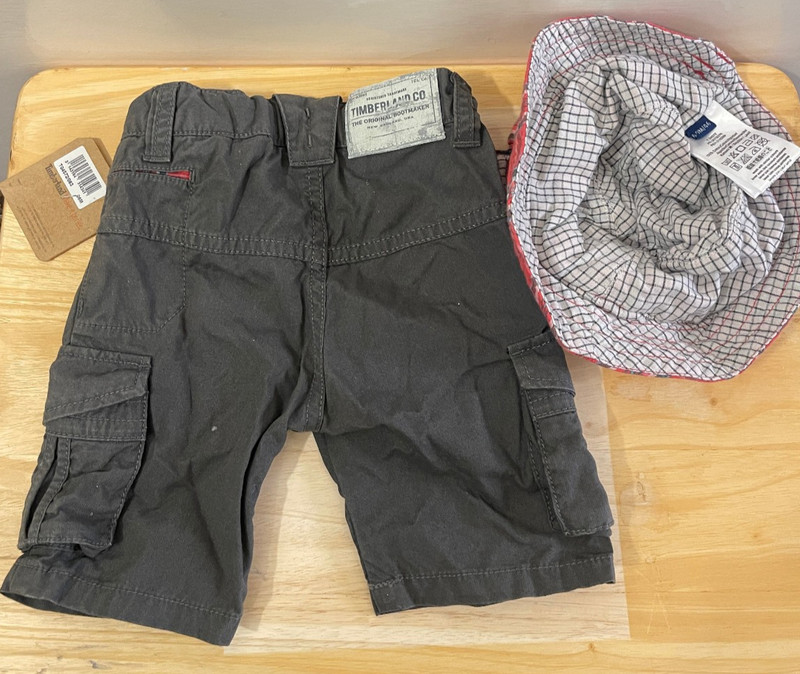 Timberland Baby Boy Short + Foldable Hat Set, Cotton, 6 Month, Olive Green, New, gallery